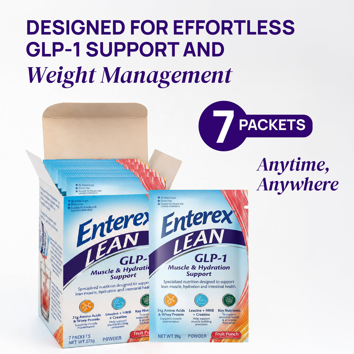 Enterex LEAN GLP-1 Muscle & Hydration Support Powder, Fruit Punch (7 Packets)